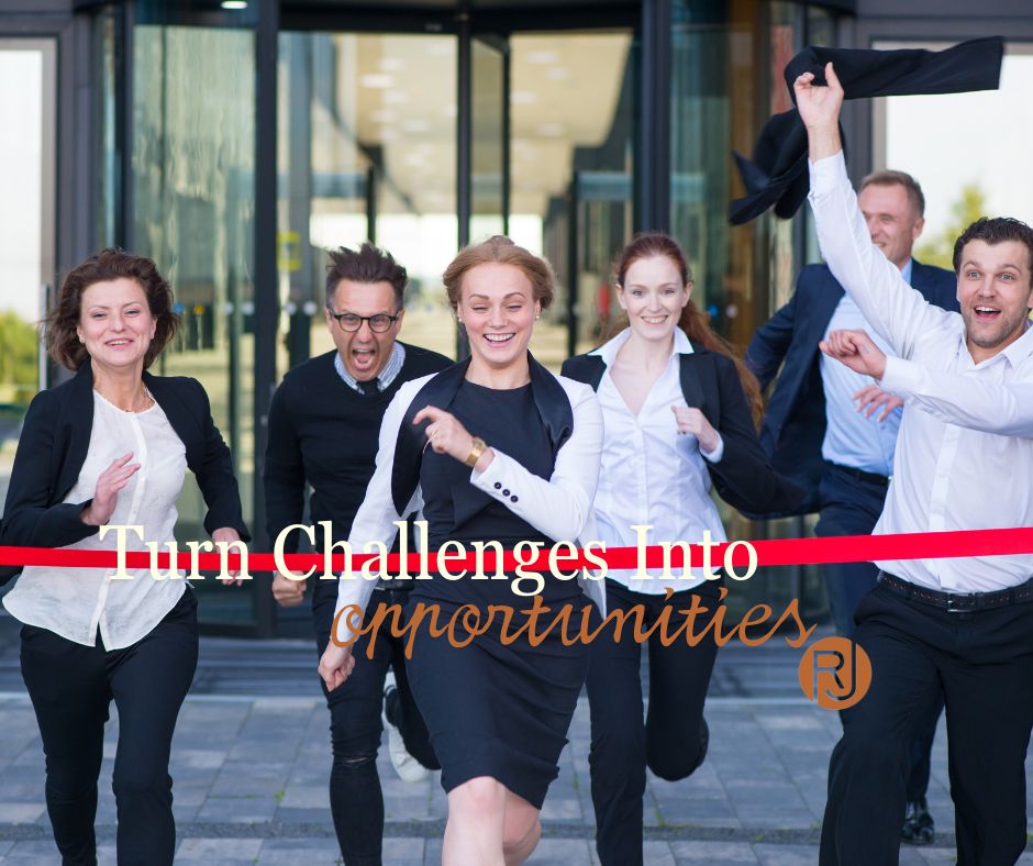 Team sprints out of office, faces alight with resolve. "Challenges to Opportunities" with RJ logo.